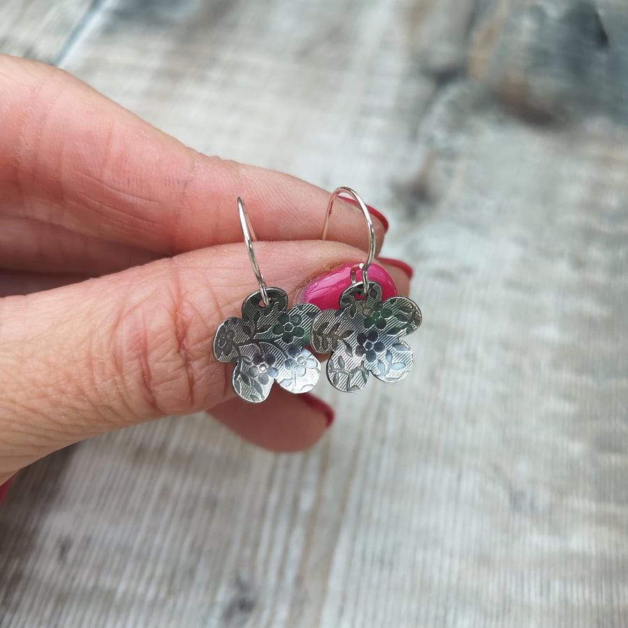 Sterling Silver Oxidised Floral Patterned Flower Earrings