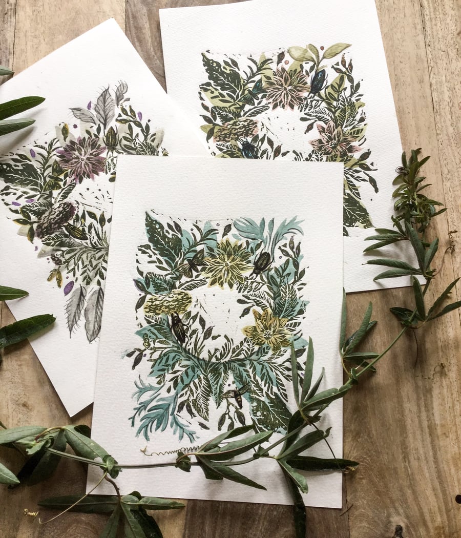 Linocut and watercolour floral wreath 