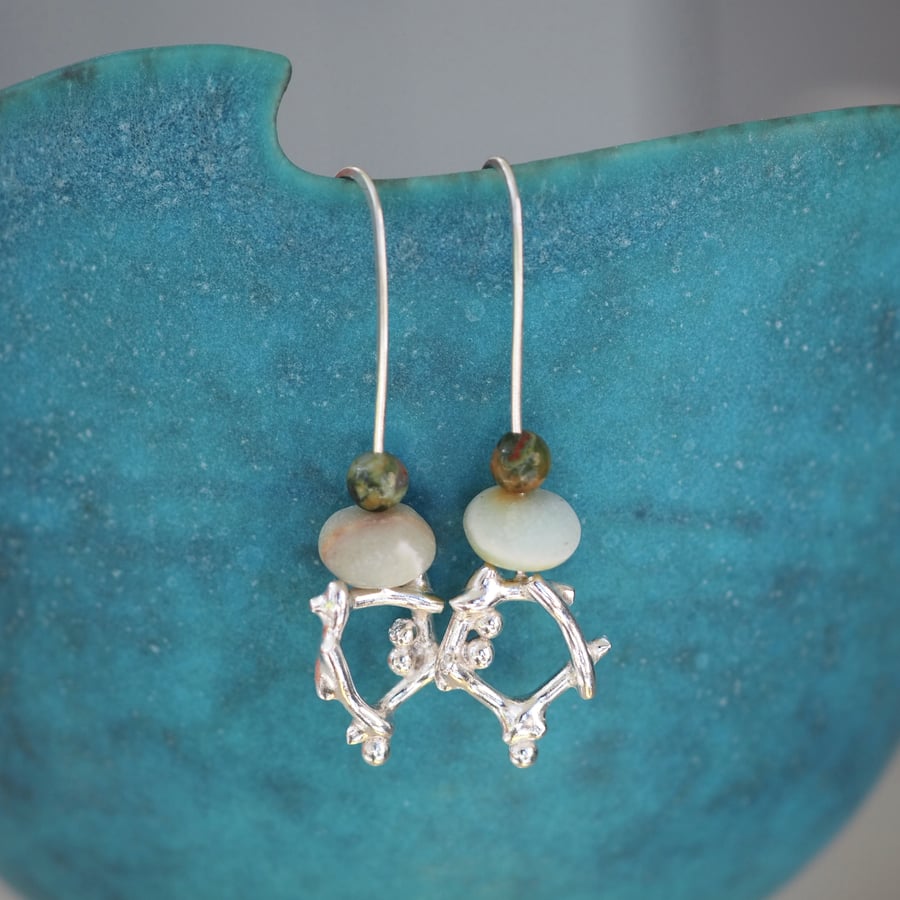 Artisan Argentium Silver Drop Earrings, Amazonite & Rhyolite bead, ARC Jewellery