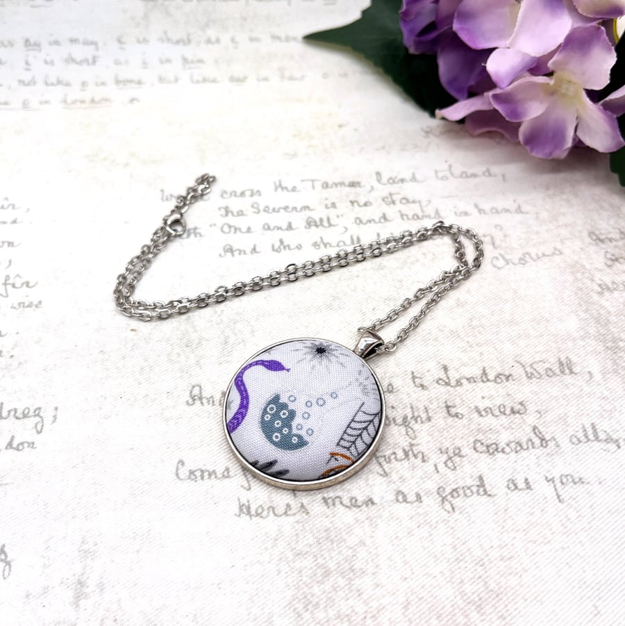 Halloween Pendant Necklace, Purple Snake & Potion Fabric Button Jewellery
