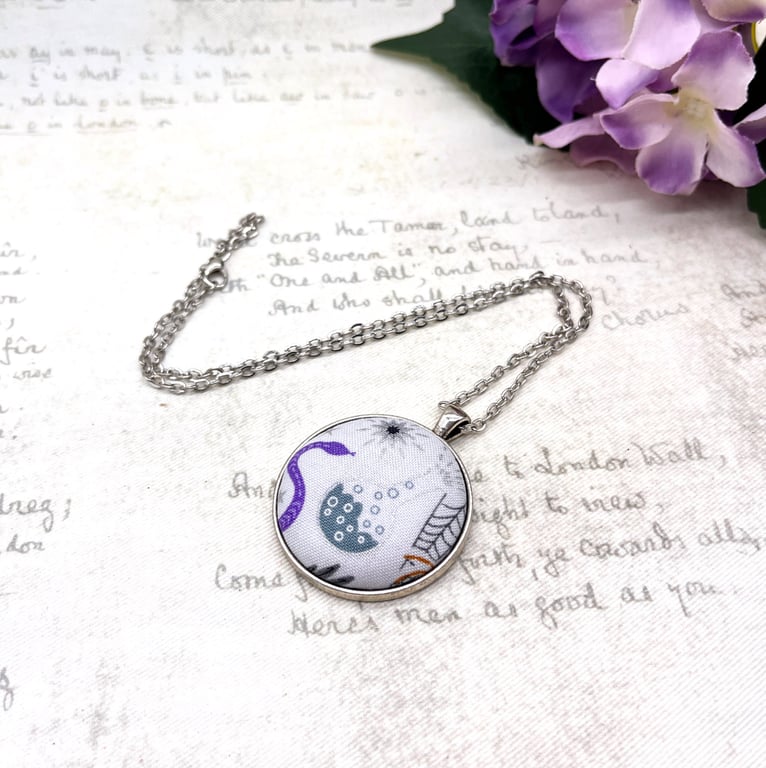 Halloween Pendant Necklace, Purple Snake & Potion Fabric Button Jewellery