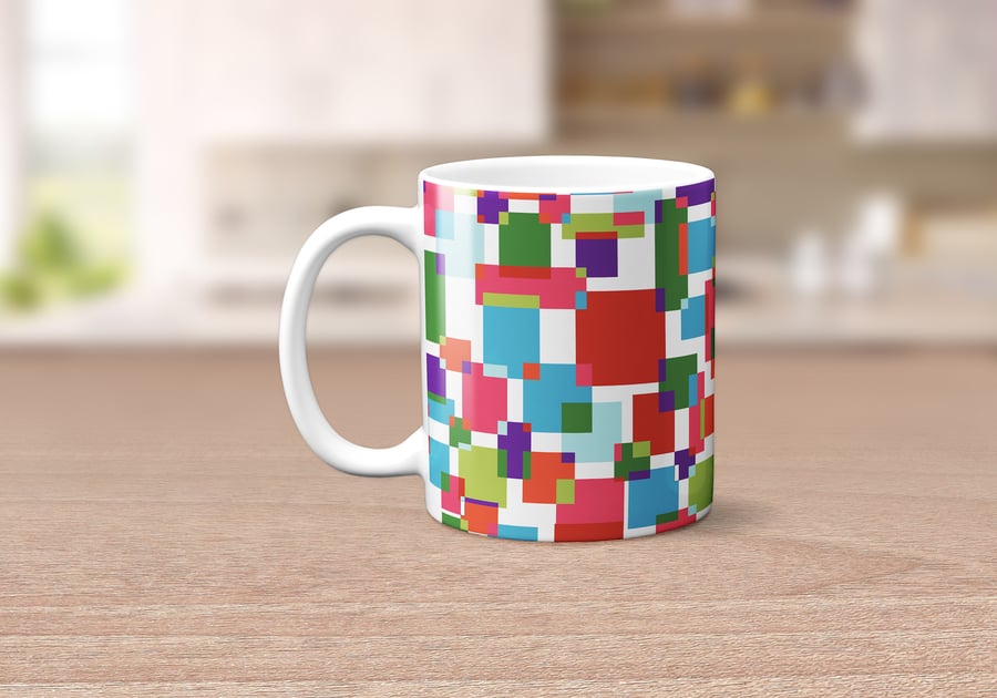 White with Multicoloured Geometric Squares Geometric Design Mug, Tea Coffee Cup