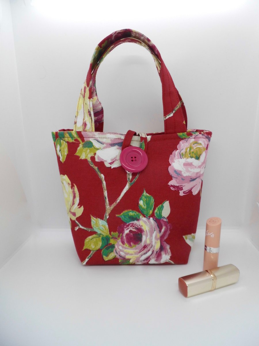 Hand bag red rose print fabric mini tote handbag bucket style