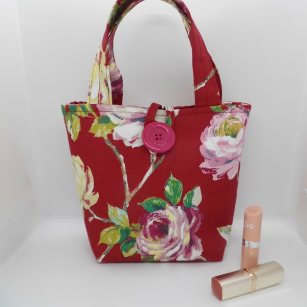 Hand bag red rose print fabric mini tote handbag bucket style