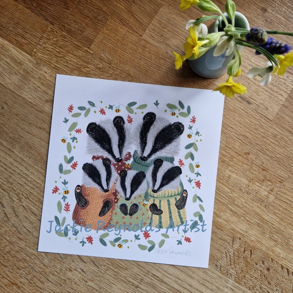 Badger Family  - 7 x 7.5" inch print by Jackie Reynolds 