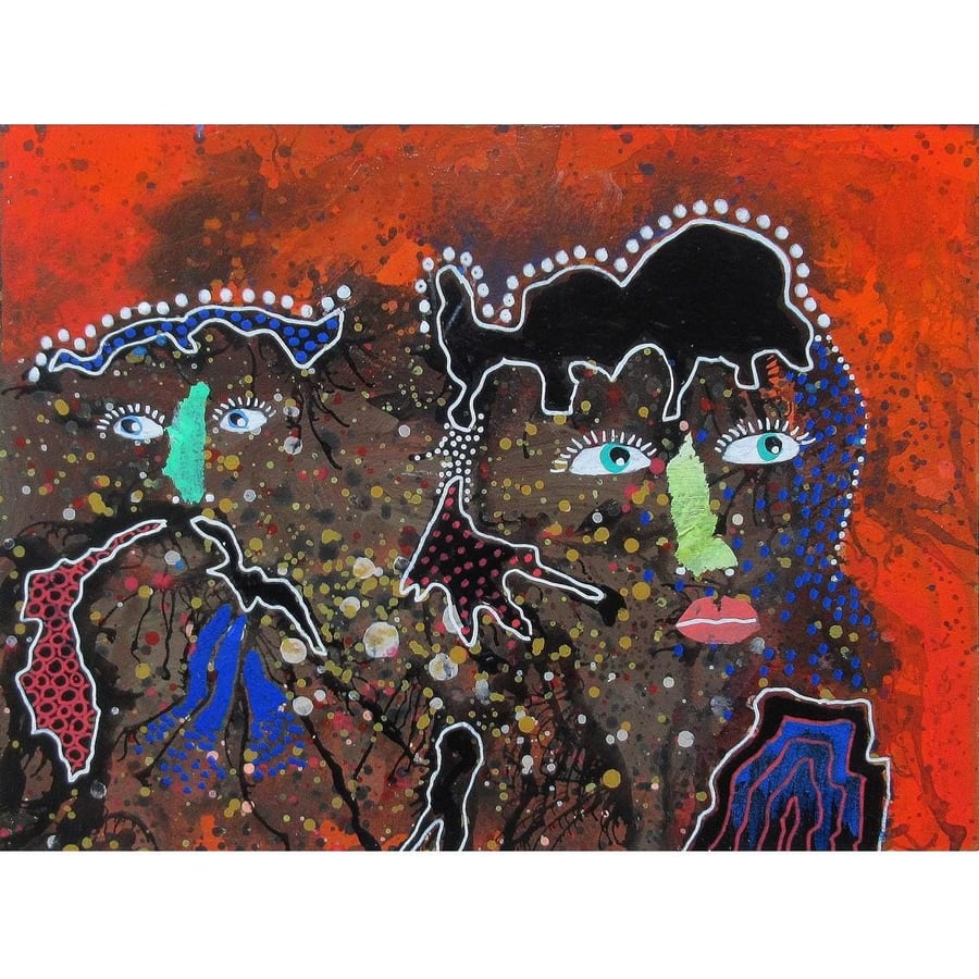 Abstract Faces Painting Brown Orange Weird Ready Mounted Outsider Art Brut