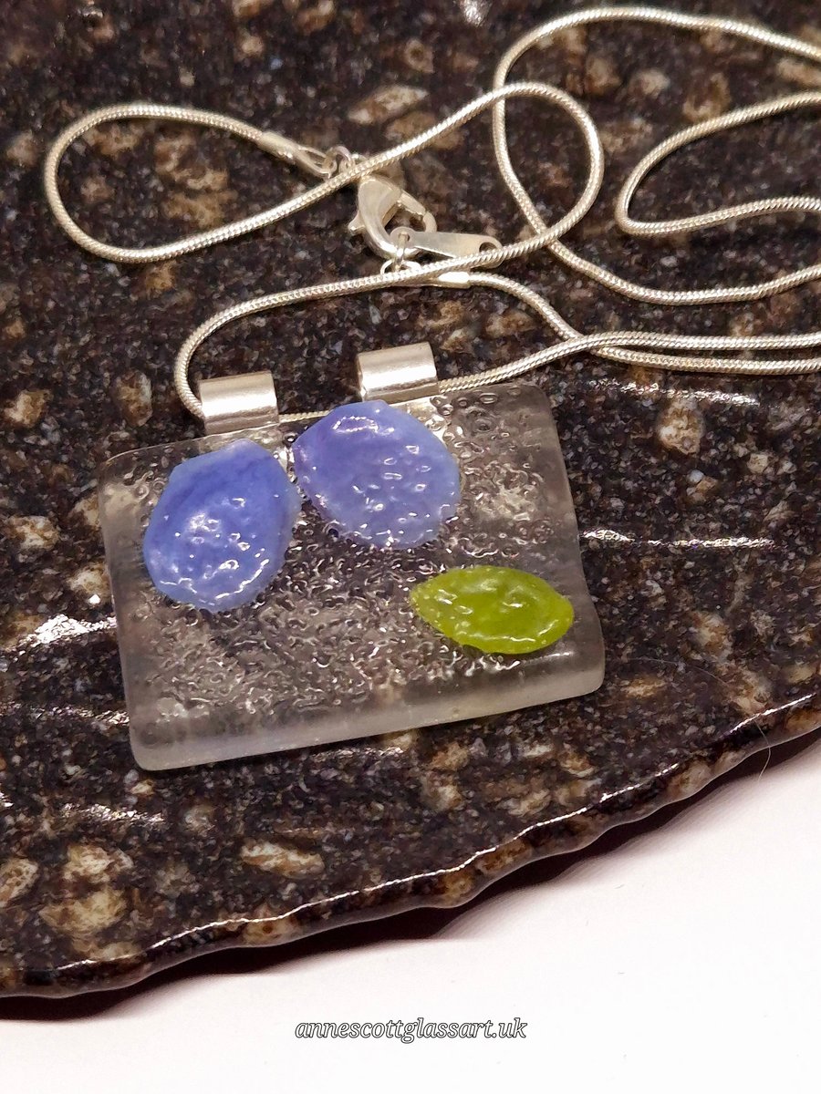 Handmade Fused Glass Botanical Pendant Necklace Small Violet Petals and Leaf