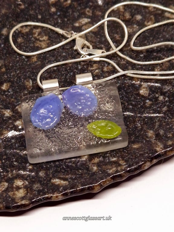 Handmade Fused Glass Botanical Pendant Necklace Small Violet Petals and Leaf