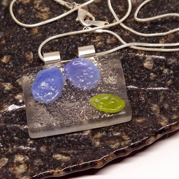 Handmade Fused Glass Botanical Pendant Necklace Small Violet Petals and Leaf