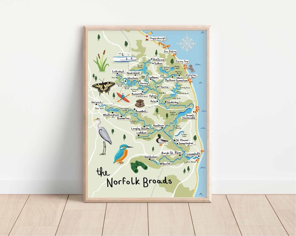 Norfolk Broads Illustrated Map Art Print Gift A5, A4, A3
