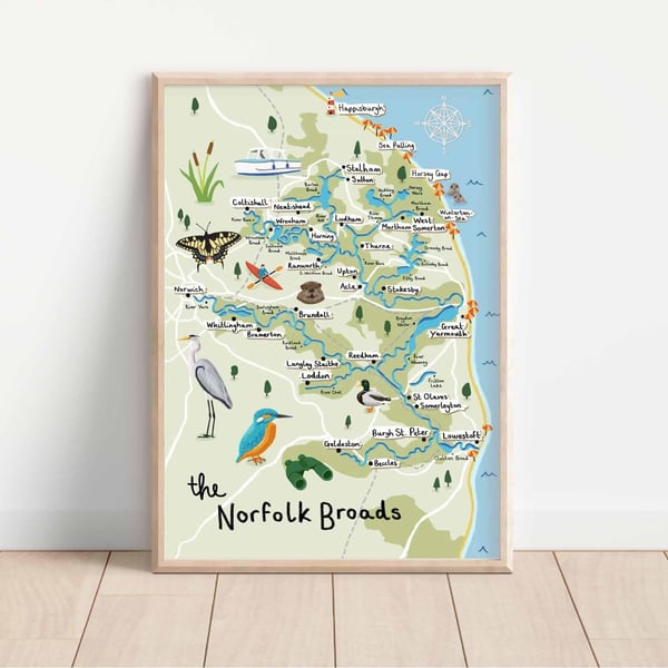 Norfolk Broads Illustrated Map Art Print Gift A5, A4, A3
