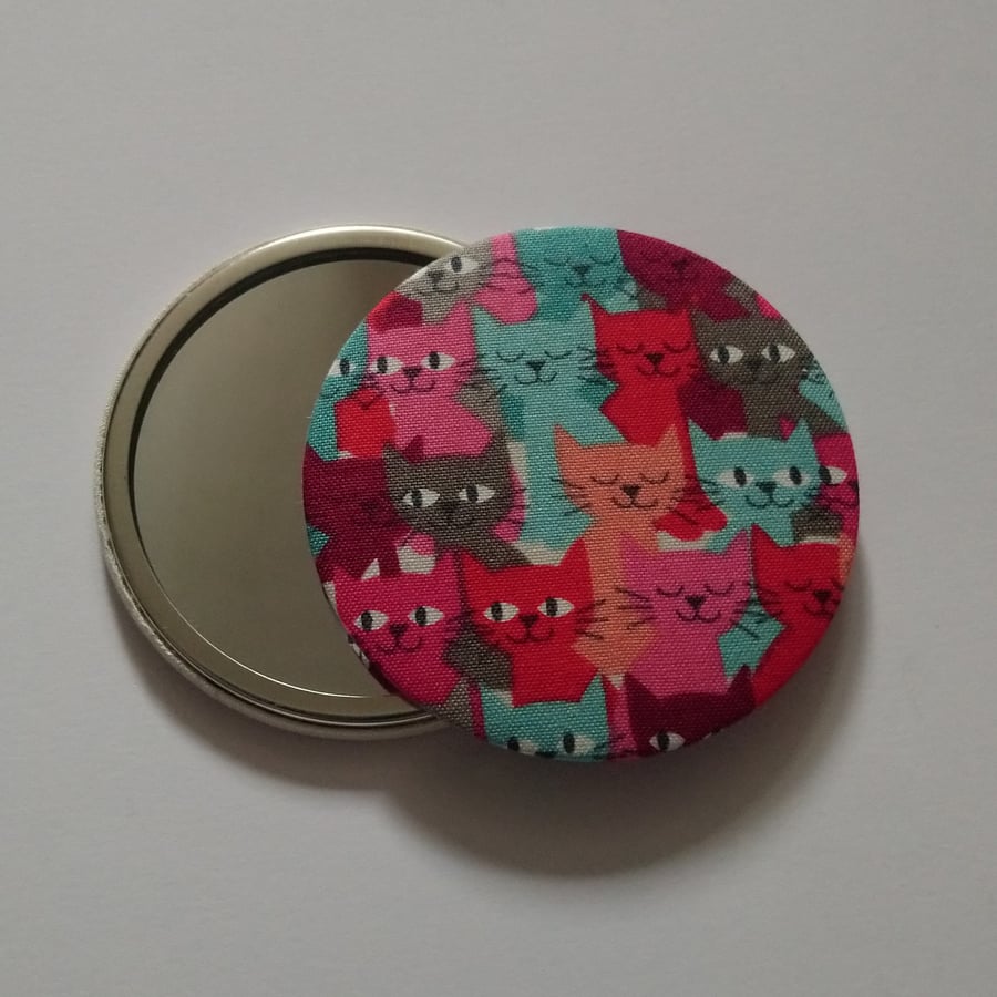 Multicoloured Cats Fabric Backed Pocket Mirror