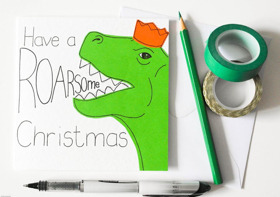Dinosaur Christmas card, Dino Xmas card, Have a Roarsome dinosaur Christmas card