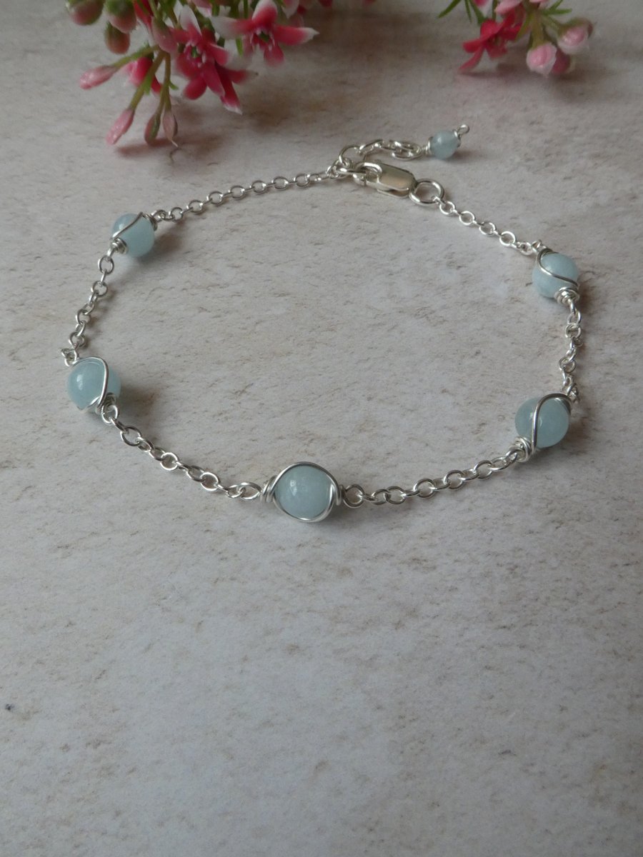 March birthstone bracelet in sterling silver, aquamarine bracelet in silver