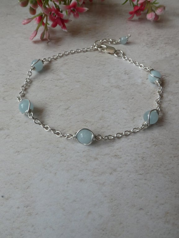 March birthstone bracelet in sterling silver, aquamarine bracelet in silver