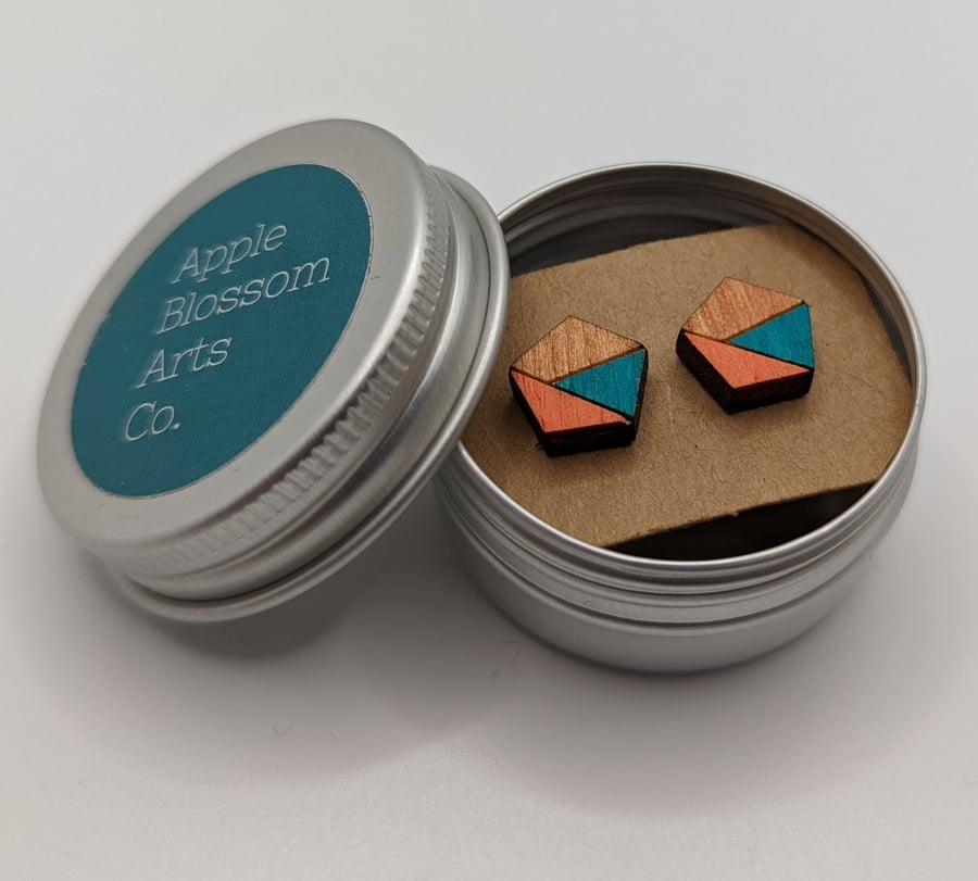 Pentagon wooden stud earrings - various colours