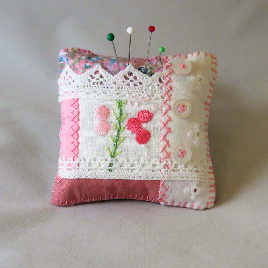 Pink Patchwork Pincushion from recycled linen, lace and buttons