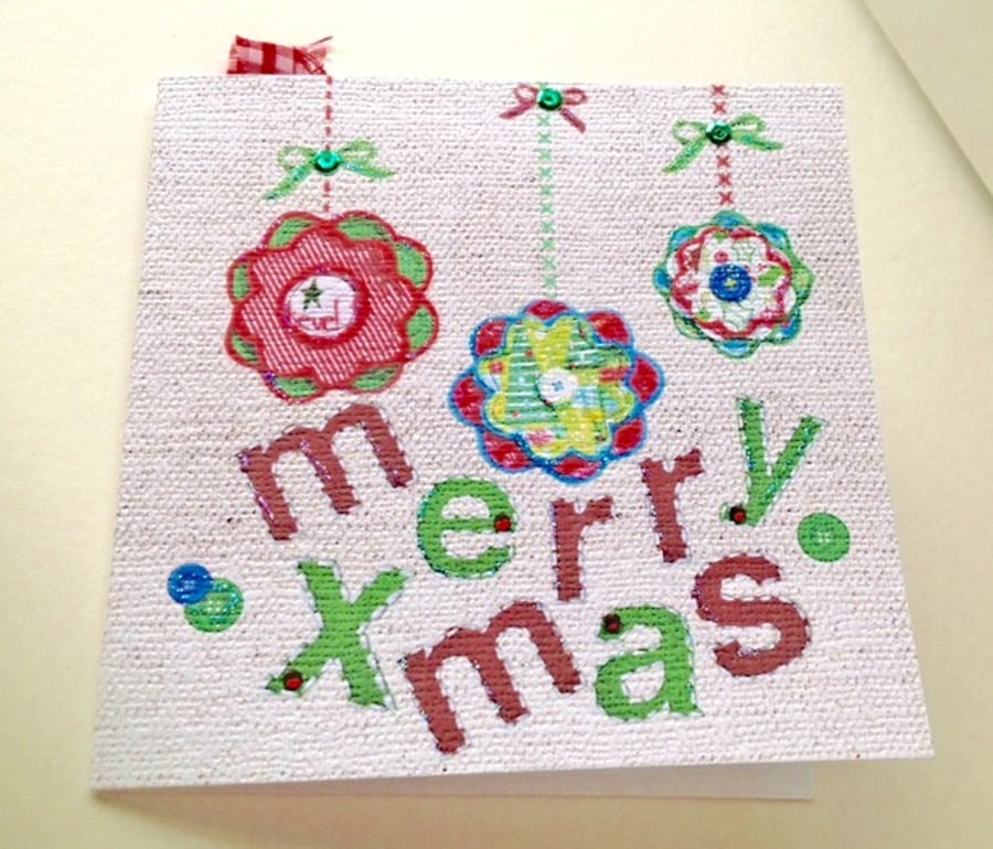 Christmas Cards Five PK,'Baubles & Buttons',Handmade Xmas Cards