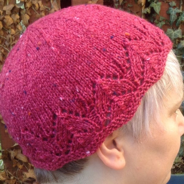 Lace beanie hat, size adult, hand knitted