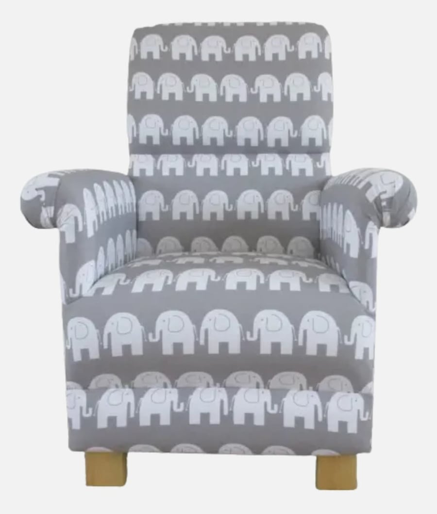 Grey Elephants Fabric Adult Chair Nursery Armchair Retro Vintage Style Bedroom 