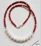 Red Bamboo Coral & Baroque Freshwater Culture Pearl Sterling Silver Necklace  - Image 5