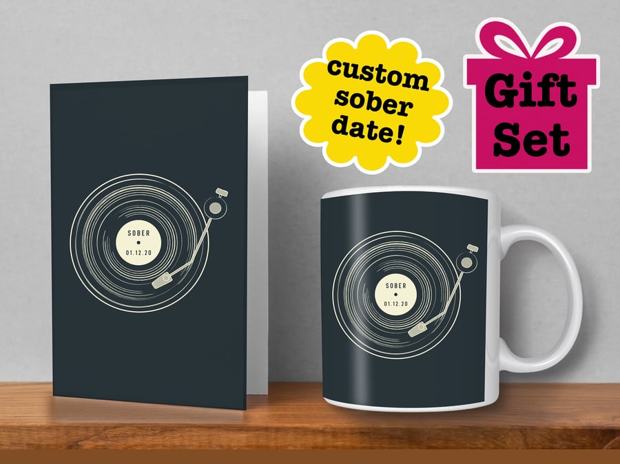 Personalised Choose Your Date Sobriety Card and Mug - Sober Vinyl Sobriety Gift,