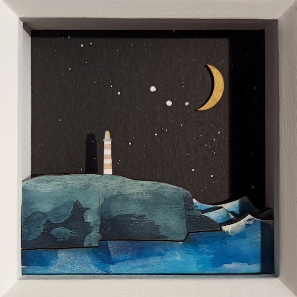 Lighthouse Picture, Diorama, Nautical Shadow Box, Wooden Waves, Coastline