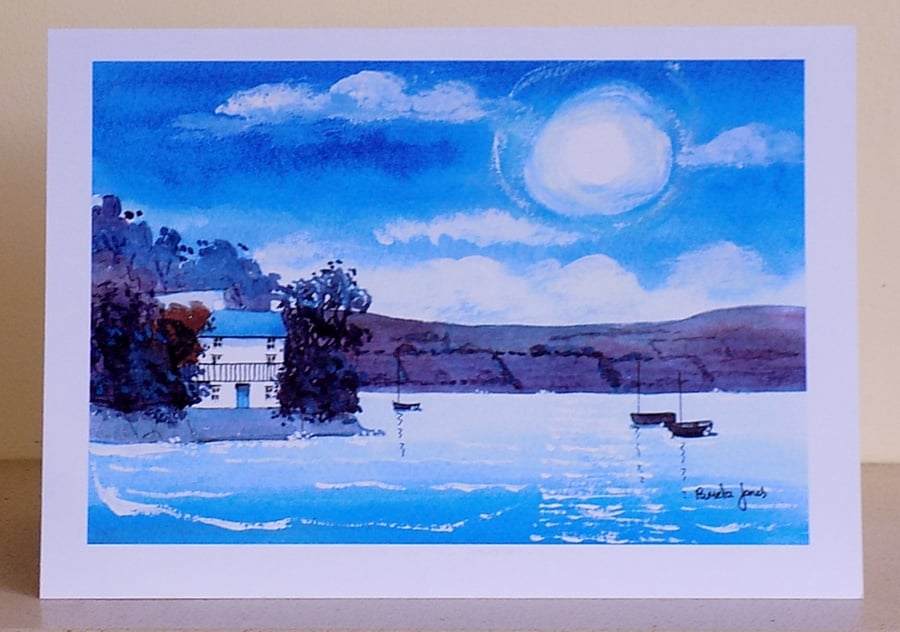 Art Greetings Card, Dylan Thomas Boat House in Moonlight, Blank inside, A5
