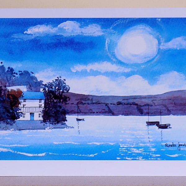 Art Greetings Card, Dylan Thomas Boat House in Moonlight, Blank inside, A5