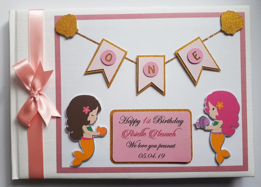 Mermaids pink and gold birthday guest book, mermaids party gift