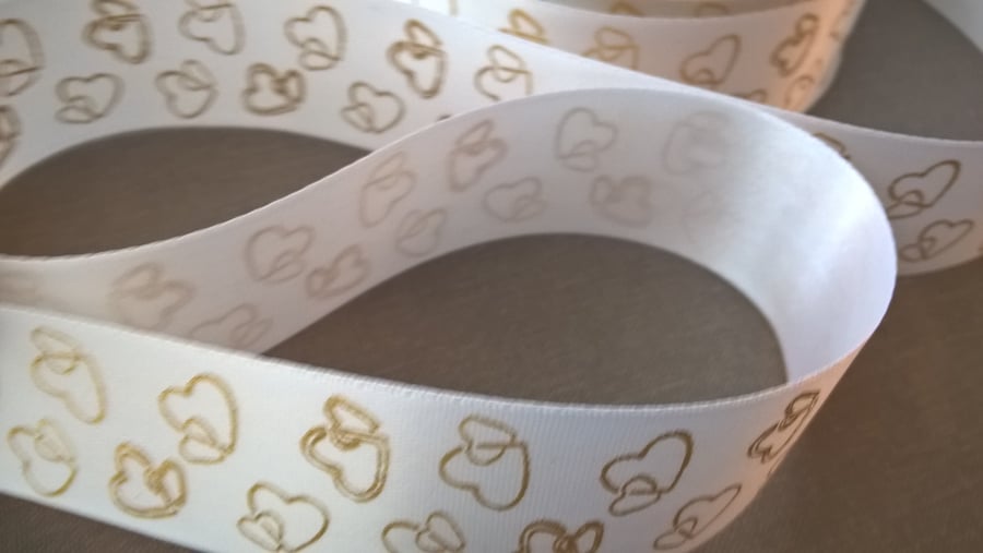 5 metres Gold & white love heart satin ribbon 25mm 1 inch wide