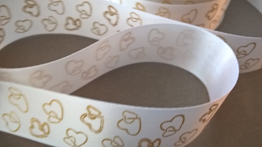 Gold & white love heart satin ribbon, 5 metres long, 25mm wide