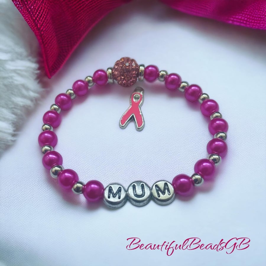 Pink awareness ribbon personalised name bracelet shamballa gift