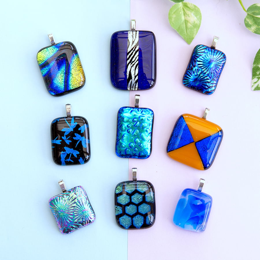 Bright Blue Sparkly Dichroic Fused Glass Pendants Mother's Day Gift