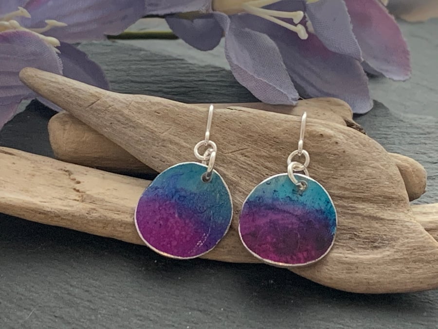 Printed Aluminium and sterling silver earrings - Blue and purple 