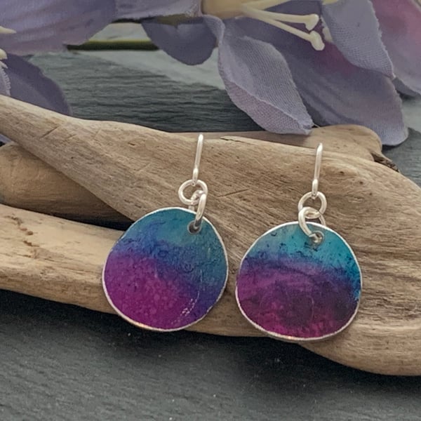 Printed Aluminium and sterling silver earrings - Blue and purple 
