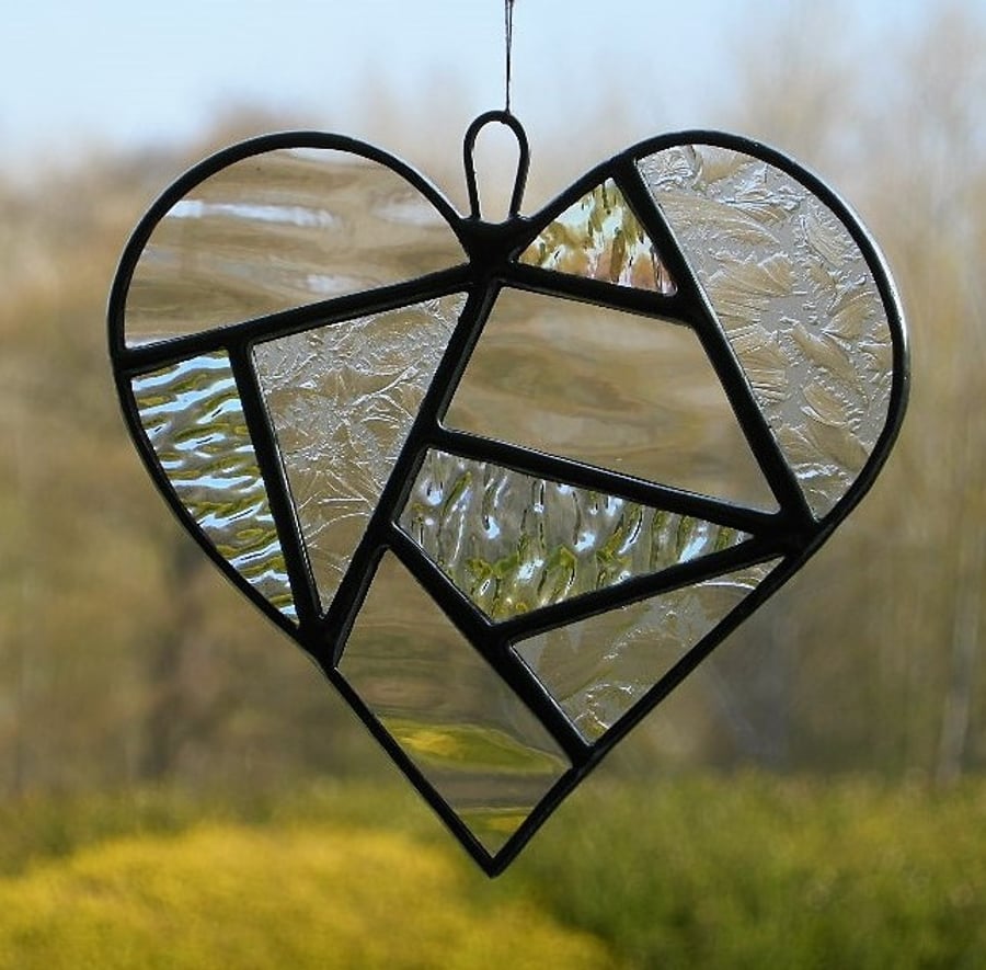 Abstract Stained Glass suncatcher (Love Heart) in three clear textured glass