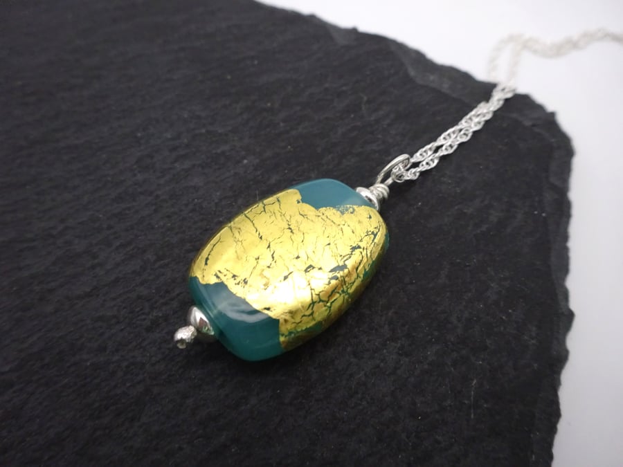 lampwork glass pendant, sterling silver chain, green and gold leaf