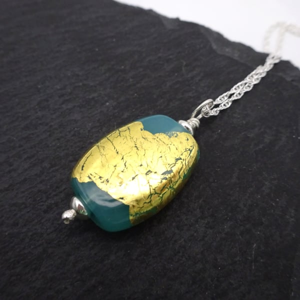 lampwork glass pendant, sterling silver chain, green and gold leaf