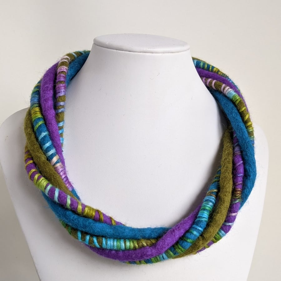 The Wrapped Twist: felted cord necklace in purple, olive and aquamarine 