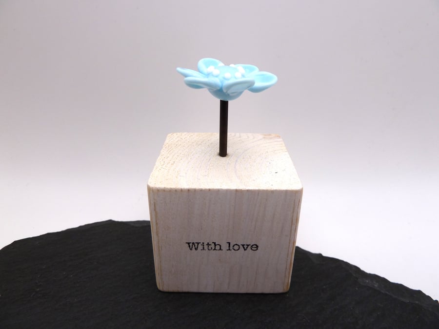 wood block, blue glass flower gift