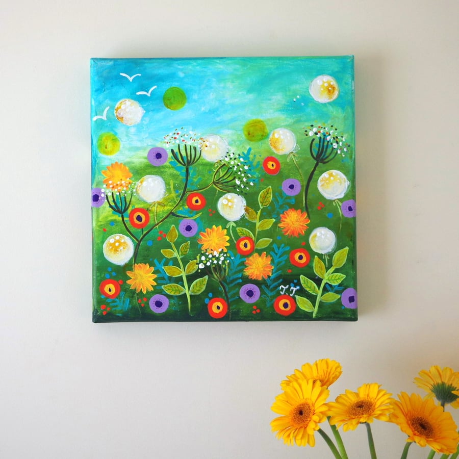 Summer Flowers Original Painting with Dandelions and Red and Purple Flowers