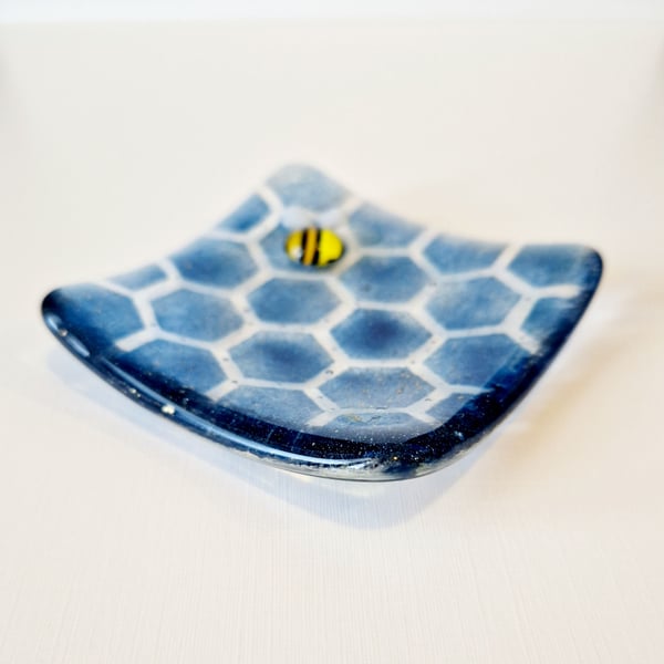 Blue bee glass trinket dish