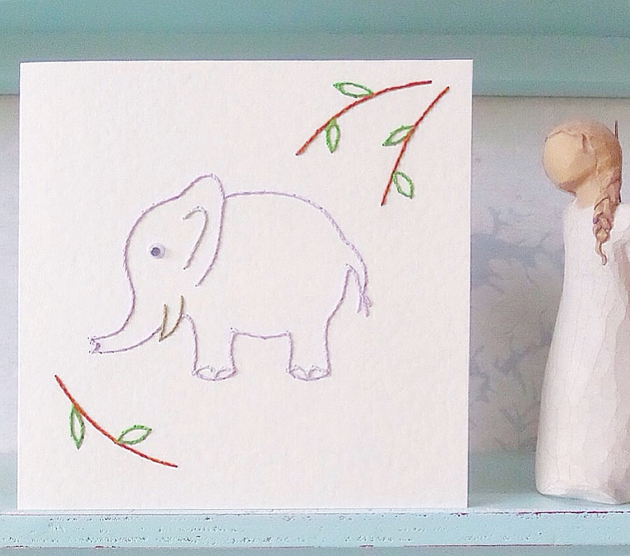 Elephant Card. Hand Sewn Card. Jungle Card. Hand Stitched Card. Handmade Card. 