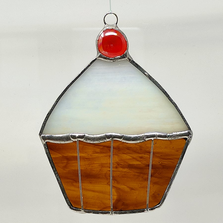 Stained glass cherry cupcake suncatcher hanging decoration. 