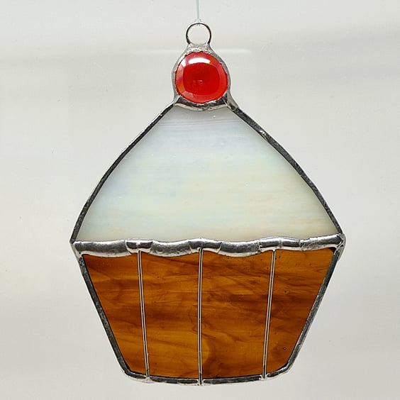Stained glass cherry cupcake suncatcher hanging decoration. 