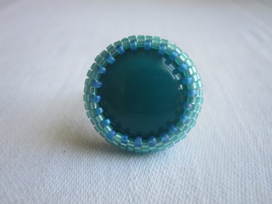 Green and Turquoise Beadwork Ring