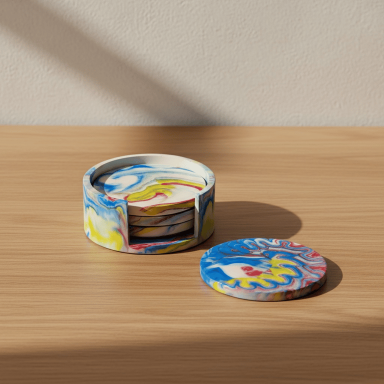 Handmade colourful coaster set of four with holder – round marbled coasters