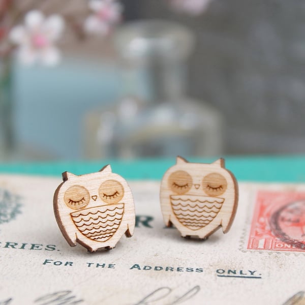 Wooden Owl Stud Earrings