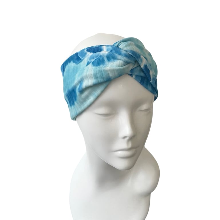 White and blue ribbed tie dye twisted headband head wrap for women